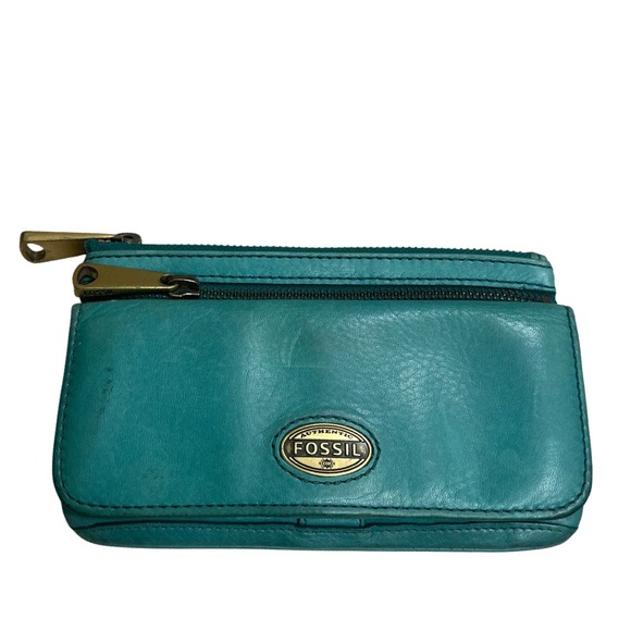 Fossil Teal Green Leather Wallet Clutch Organizer Card Holder Zip Coin Purse - Picture 1 of 6